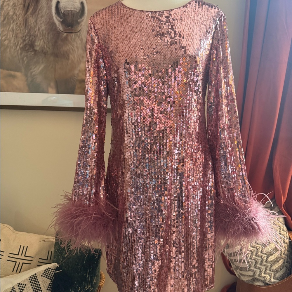 Hutch Pink Sequin Dress with Feather Cuffs